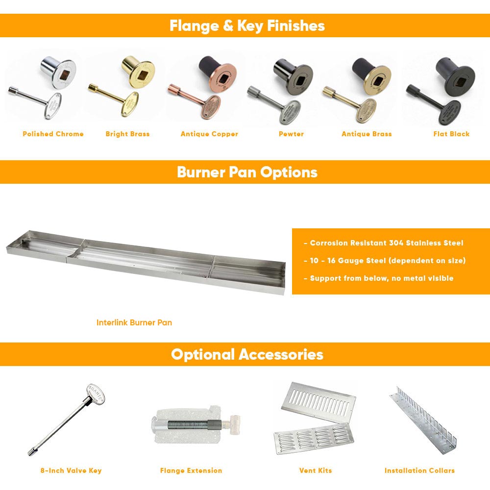 Burner pan and flanges finish options with optional accessories shown