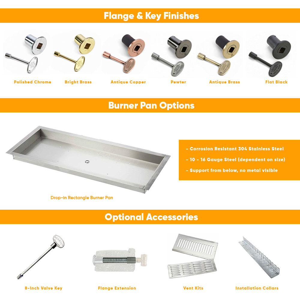 Linear burner pan options and flanges with key finishes and accessory parts shown