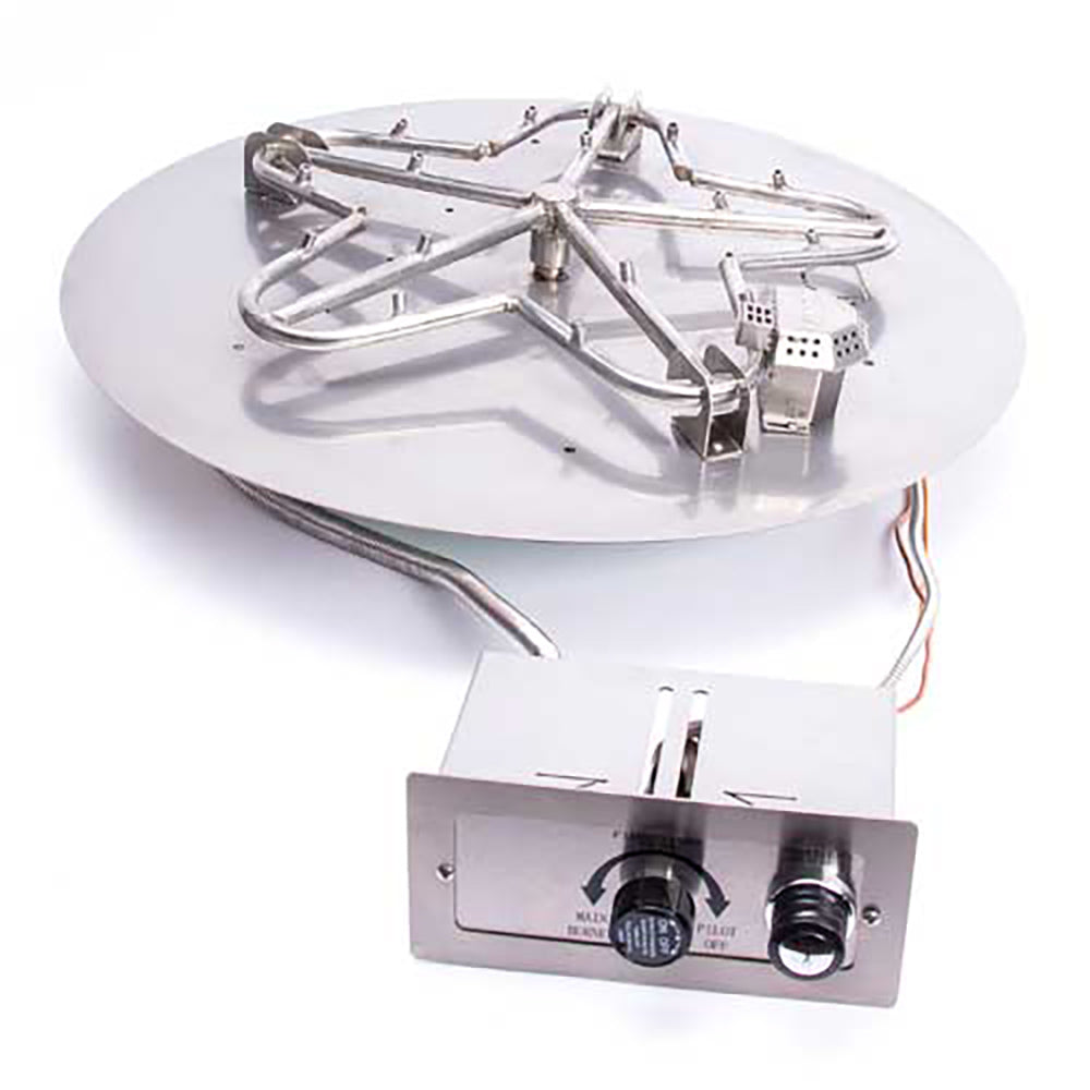 Gas fire pit burner assembly with push-button control box on round pan