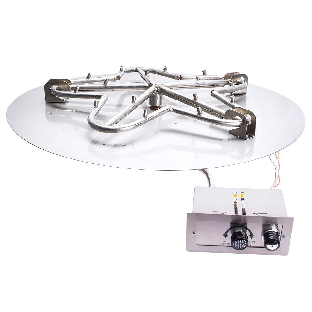 Gas fire pit burner manifold with control module on round flat pan