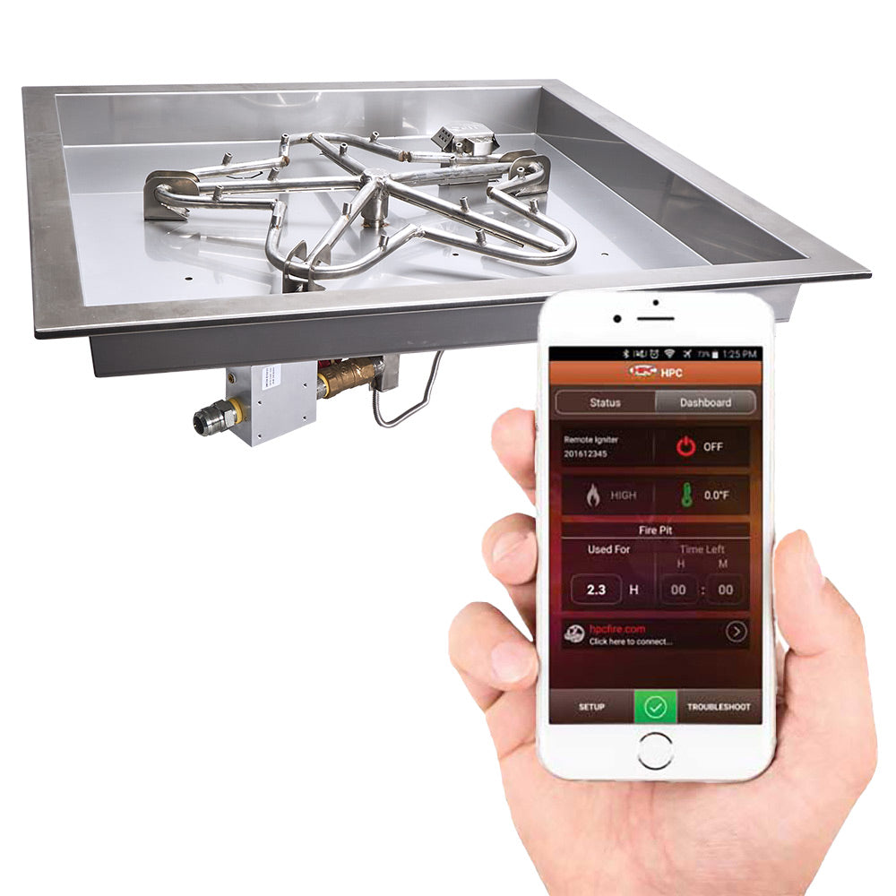 Square gas fire pit burner pan kit with ignition control and smartphone app screen