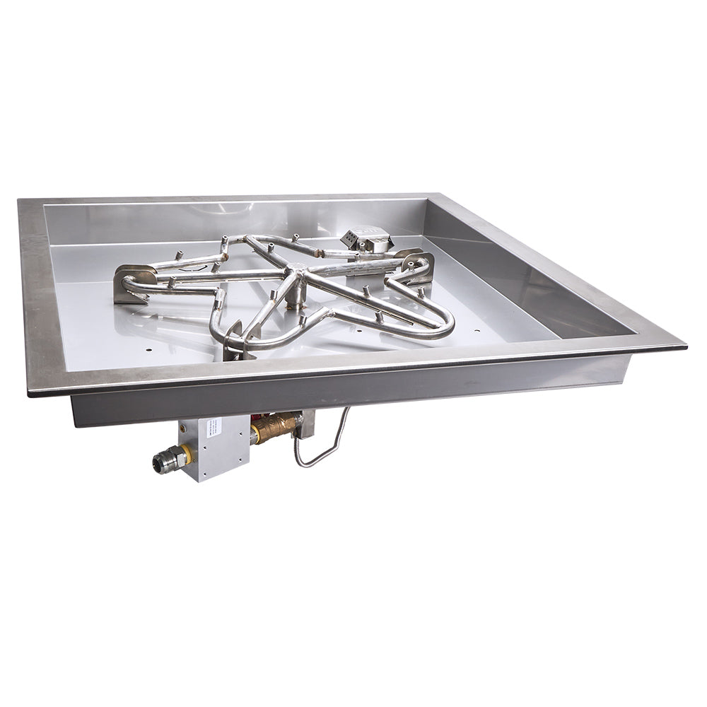 Square gas fire pit burner pan kit with stainless torpedo burner assembly and valves