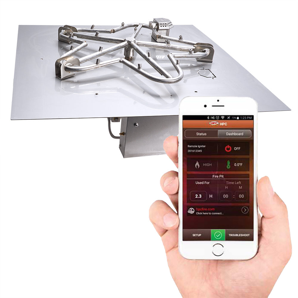 Square gas fire pit burner kit with electronic ignition control shown on smartphone