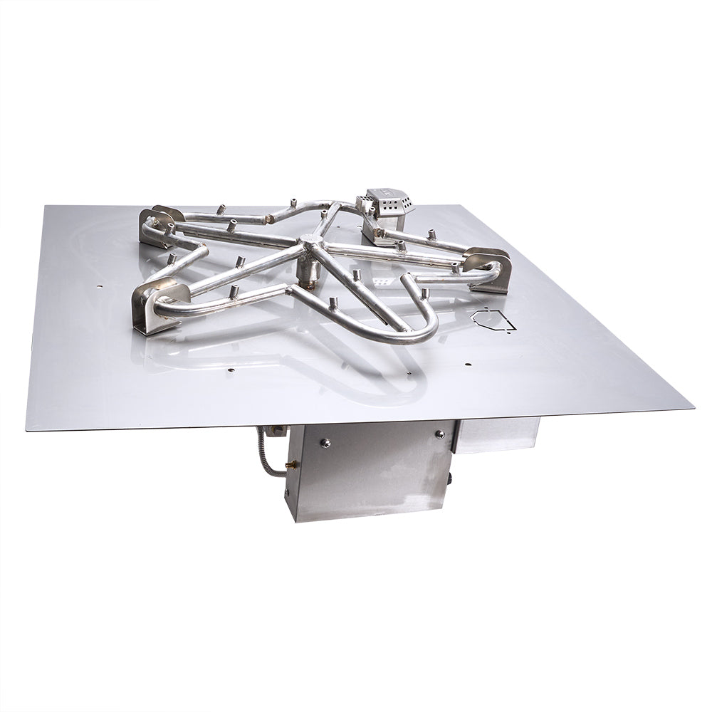 Metal gas fire pit burner kit with square flat pan and torpedo-style burner manifold
