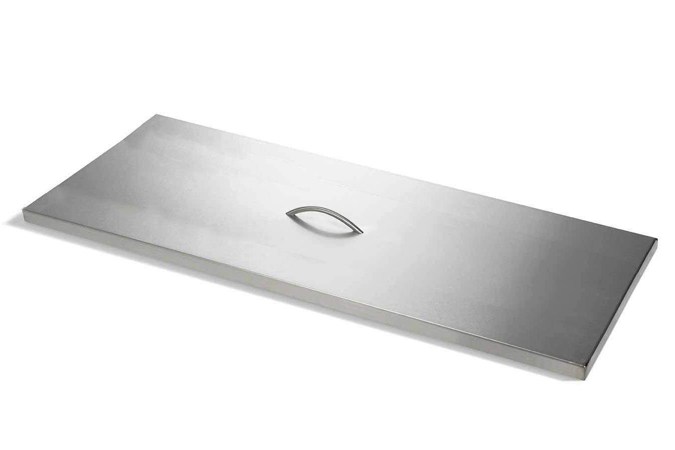 Rectangular stainless steel fire pit cover with centered carry handle cutout
