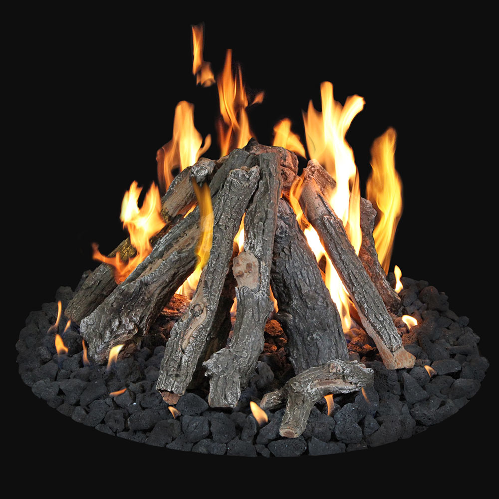 Fire pit log set with stacked dark gray logs and tall orange flames on black coals