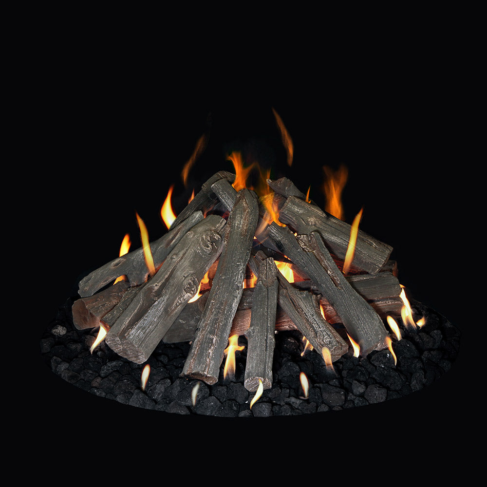 Fire pit log set with dark gray logs and orange flames on black coals