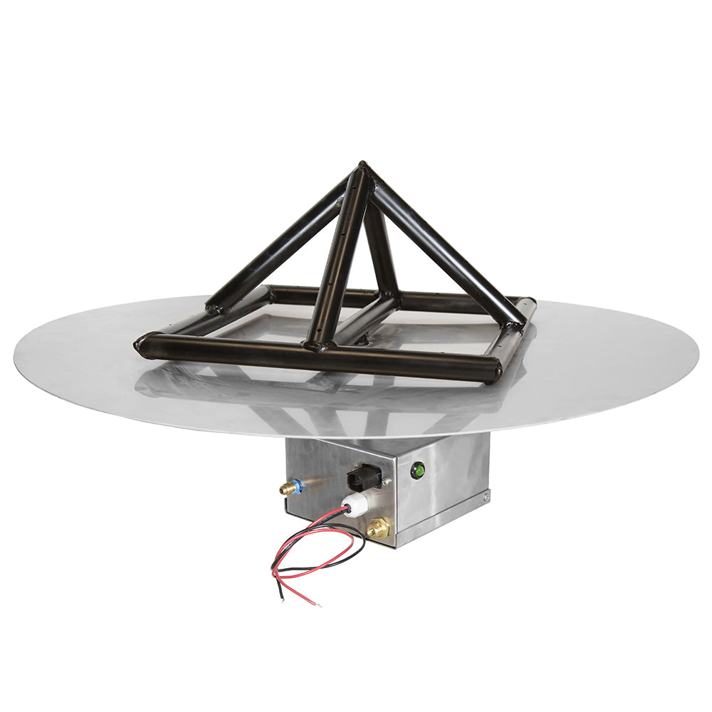 Fire pit burner pan with stainless body and black log support grate frame
