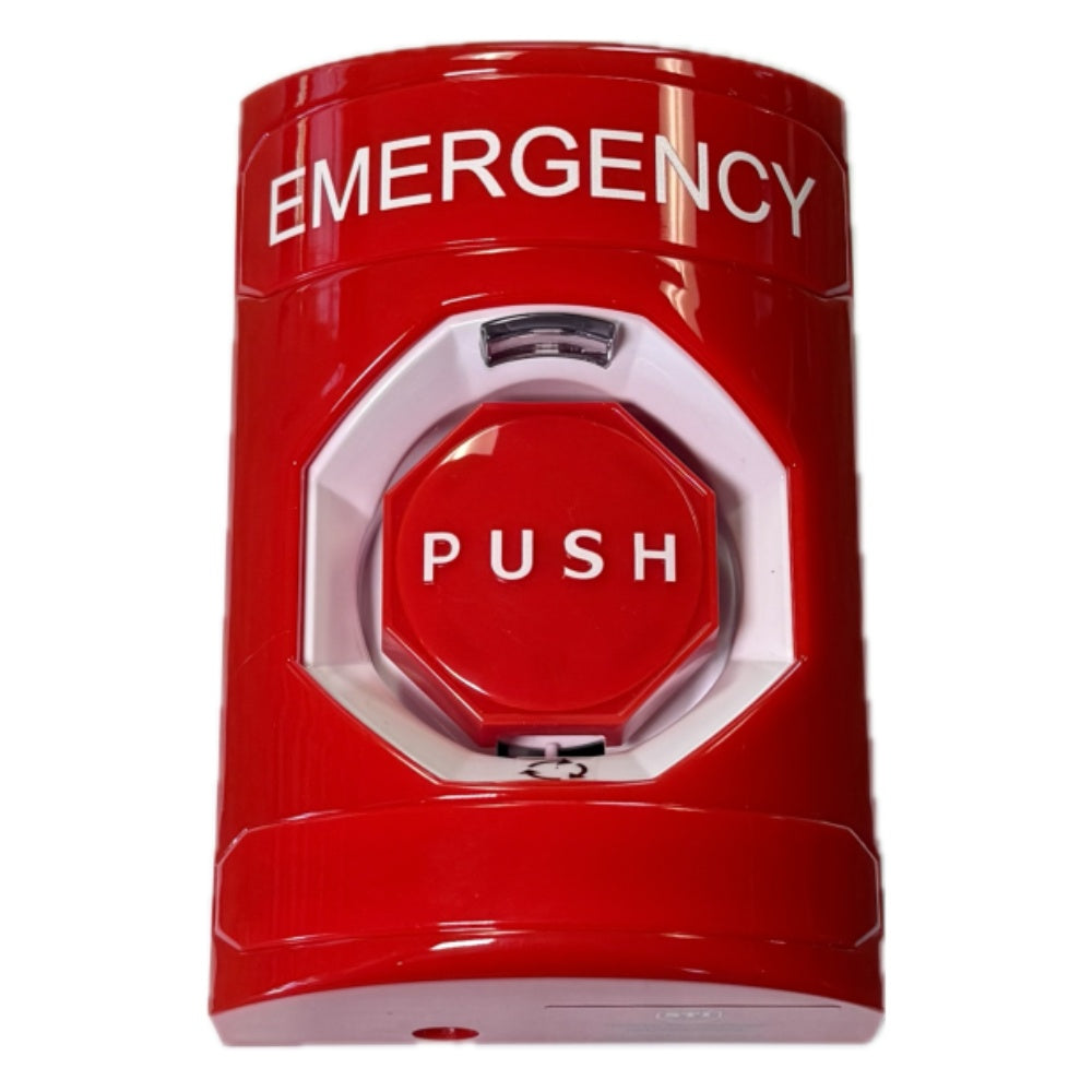 Emergency shut-off switch with red cover and white push button marked EMERGENCY