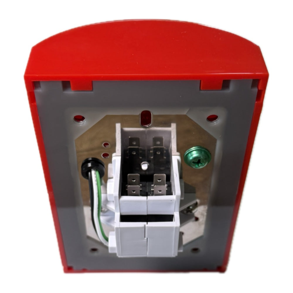 Emergency shut-off switch rear panel with wiring terminals and green indicator button