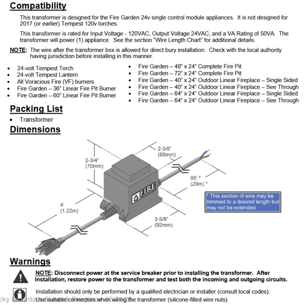 Transformer compatibility and dimensions diagram with wiring measurements and warnings
