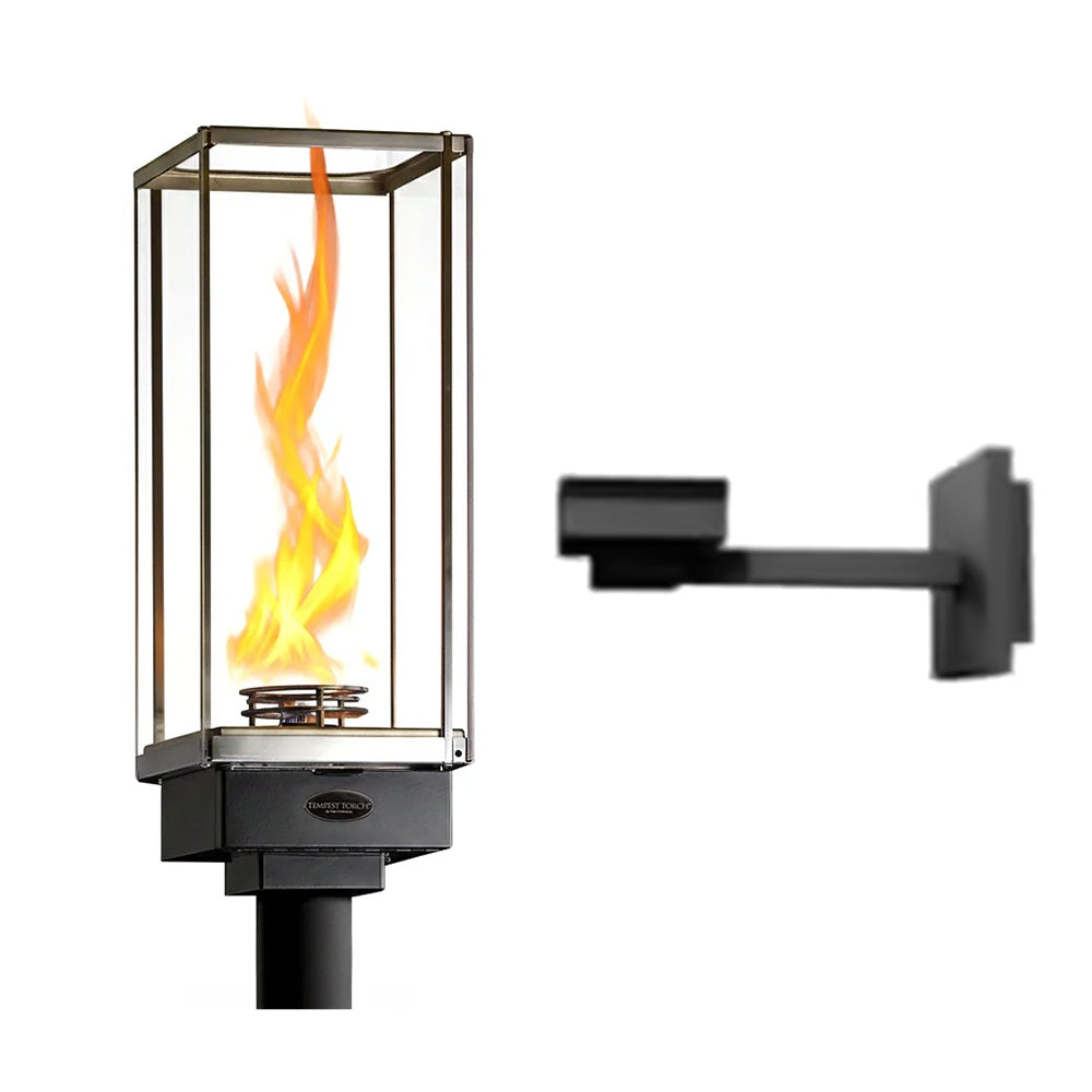 Black gas torch with glass burner cage and wall mount bracket, flame burning