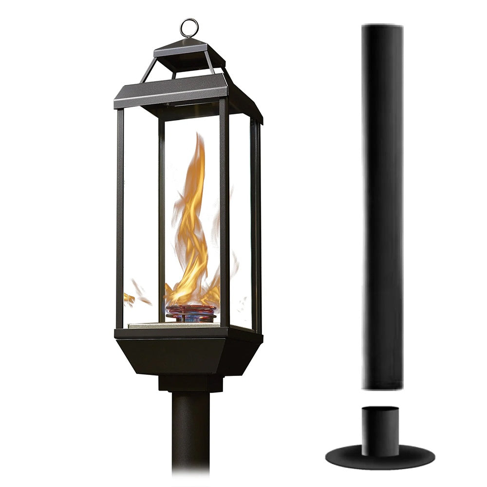 Black metal gas lantern with glass panels and flame, deck mount assembly
