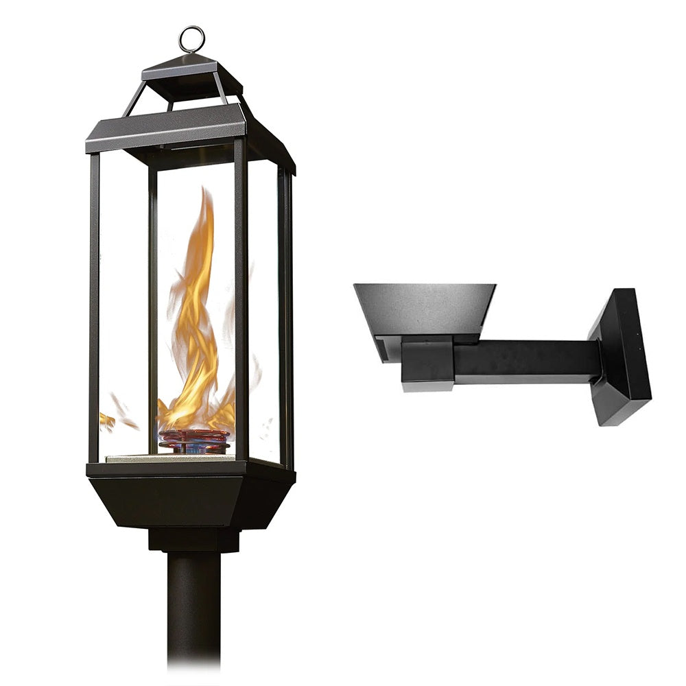 Wall-mounted gas lantern with clear glass panels and visible flame inside