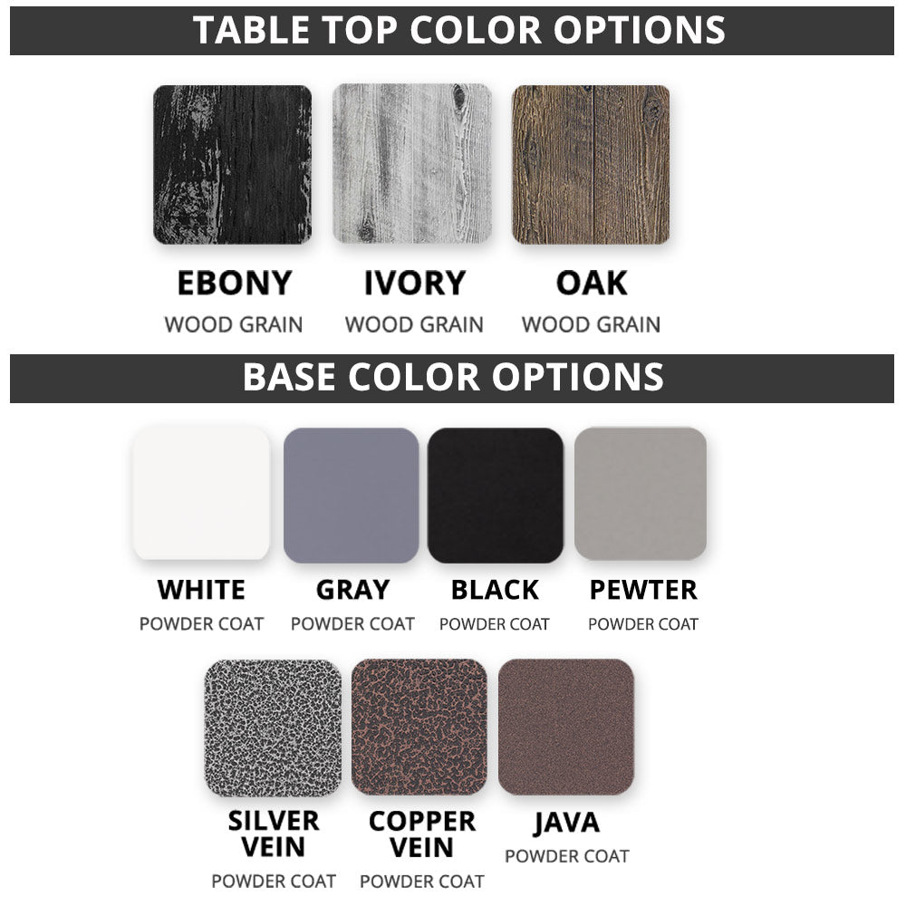Gas fire table color swatch chart showing wood-grain top options and powder-coat base colors