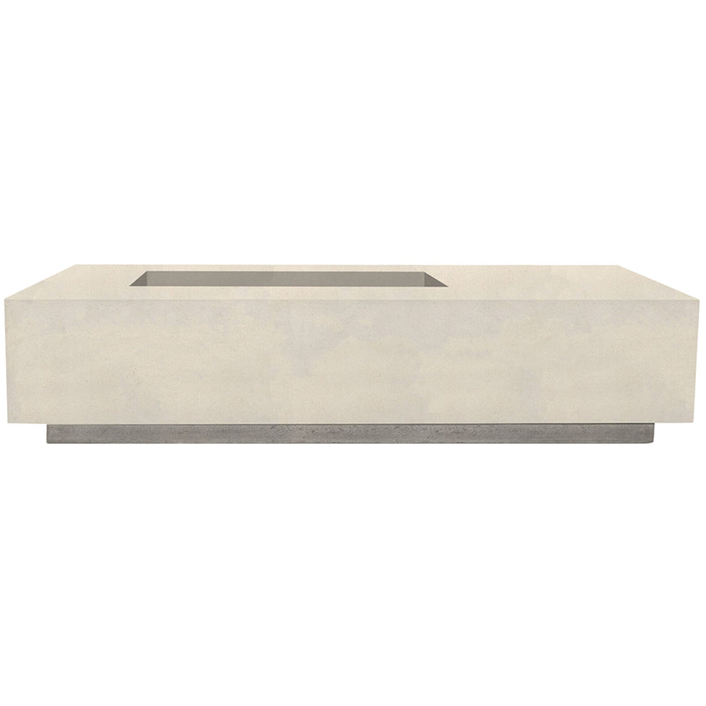 Concrete gas fire pit with rectangular burner tray, light beige stone finish