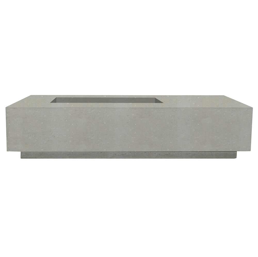 Rectangular concrete gas fire pit, light gray with recessed burner opening