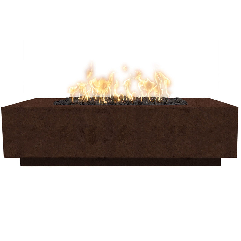 Brown concrete gas fire pit with flames rising from the firebox