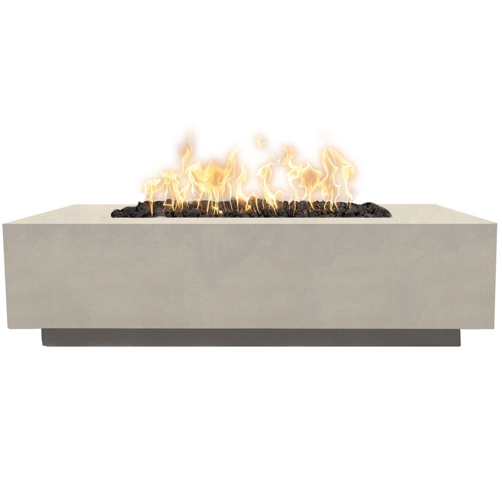 Concrete gas fire pit with flames over black burner insert