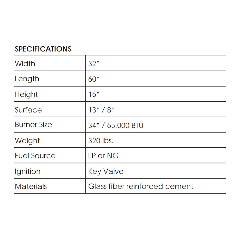 Prism Hardscapes Tavola 8 Concrete Gas Fire Pit, 60x32-Inch