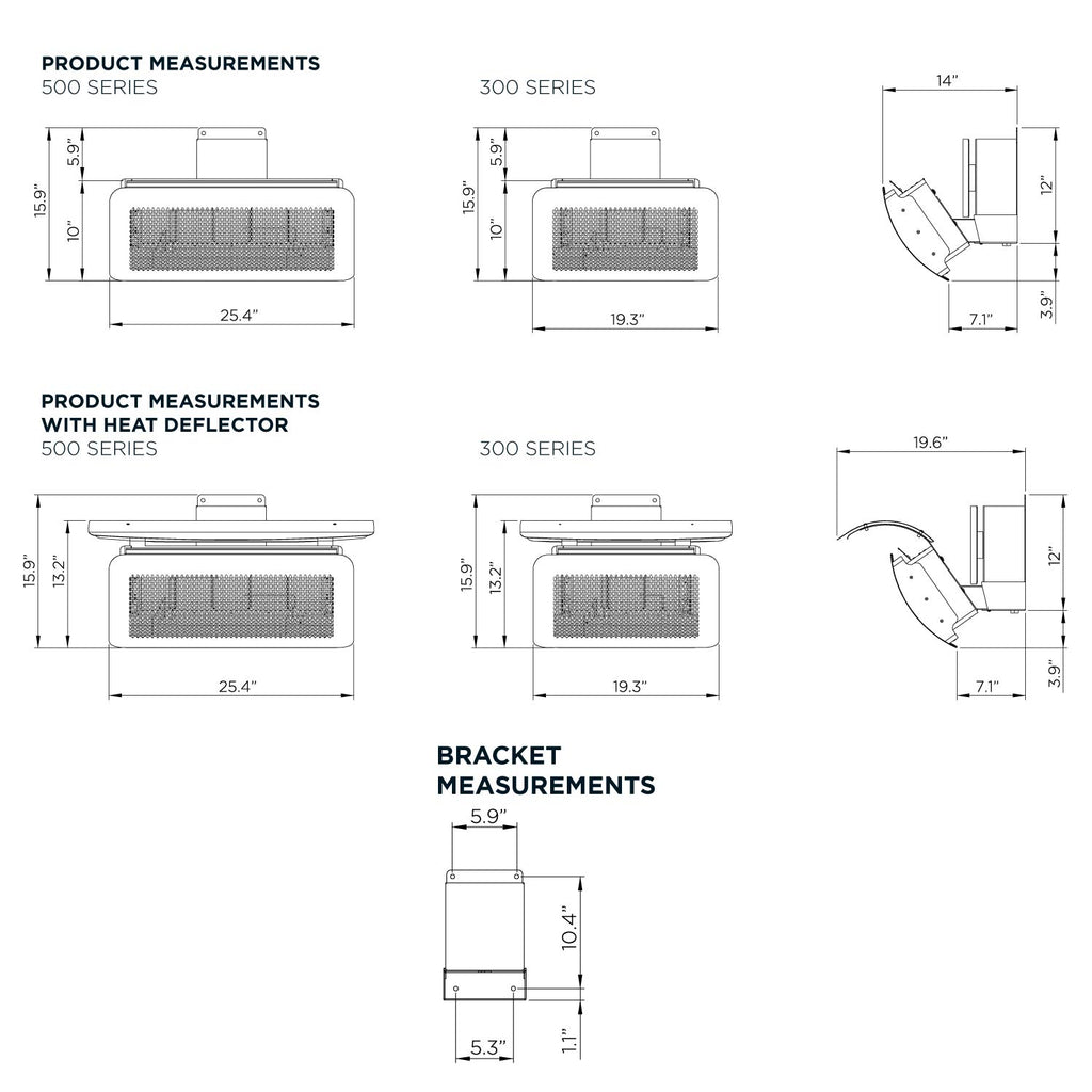 Radiant gas heater measurement and bracket diagram with labeled dimensions
