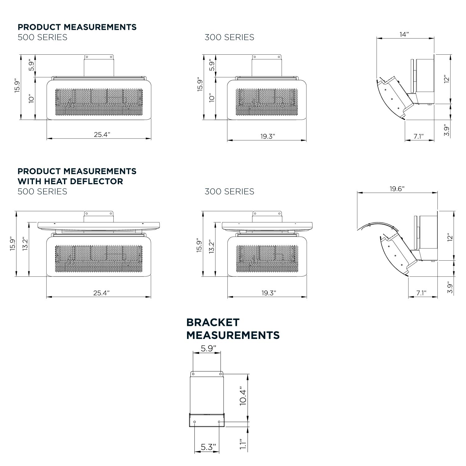 Radiant gas heater measurement and bracket diagram with labeled dimensions
