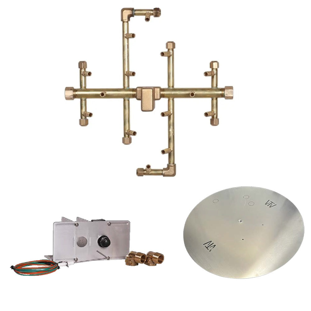 Gas burner ignition kit with brass gas manifold, push-button control box, and burner plate