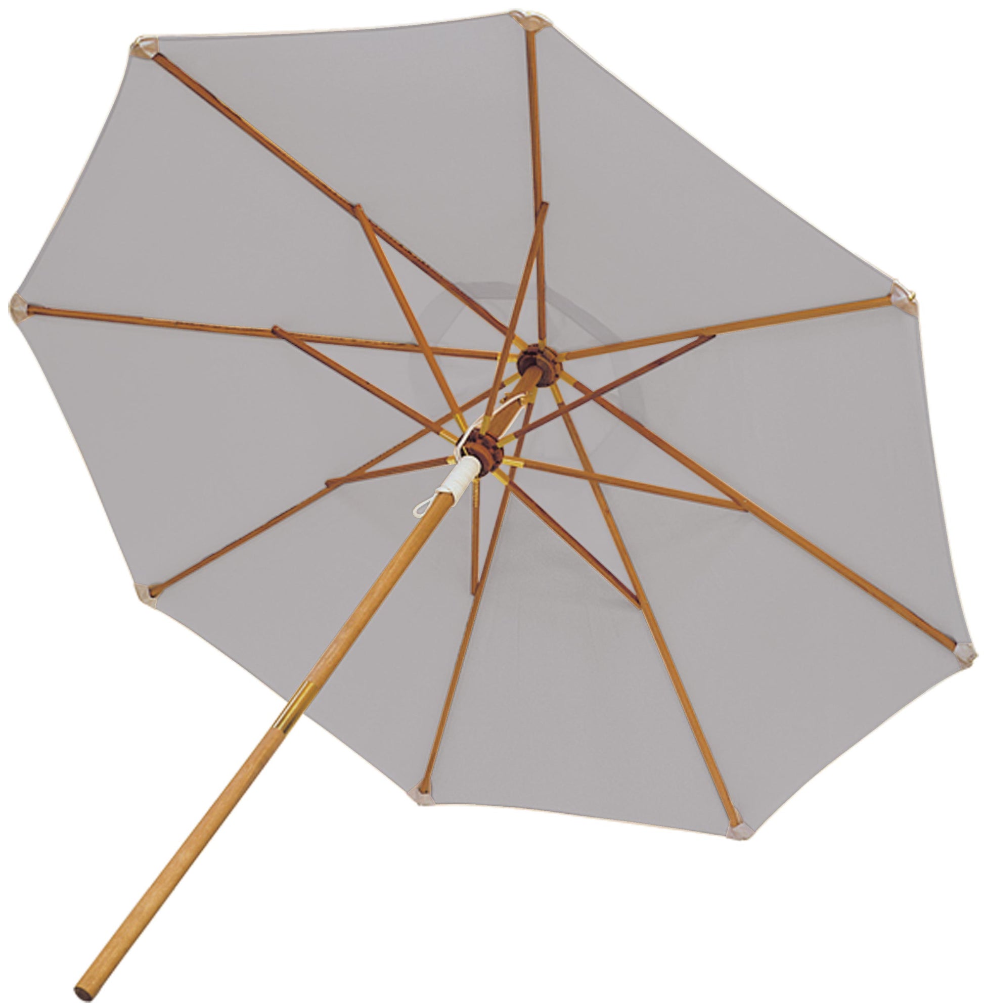 Outdoor umbrella with light gray canopy and tan wooden frame, open with cross braces