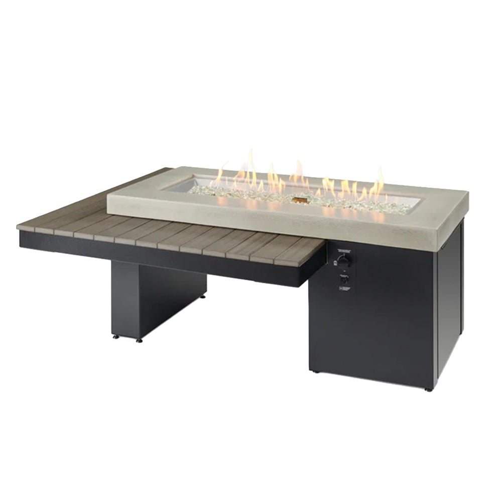 Gas fire pit table with rectangular burner tray and stone-look base, black finish