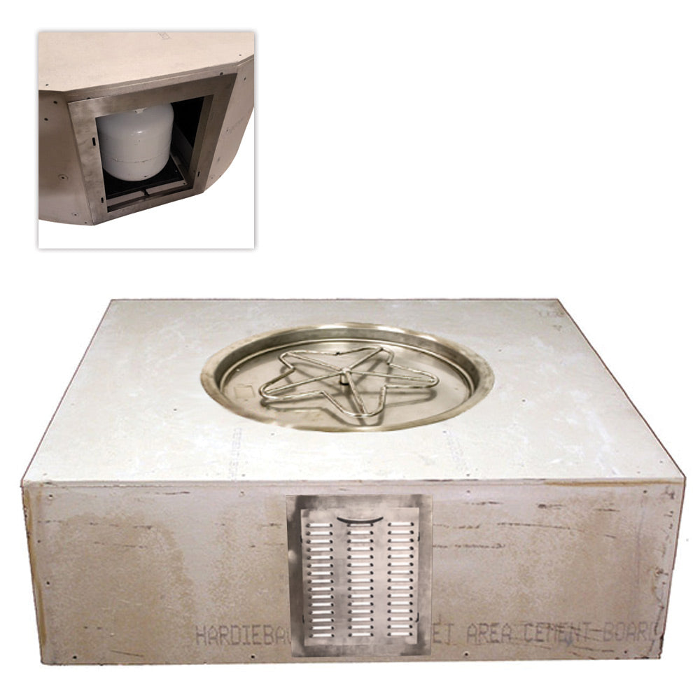 Square fire pit enclosure kit with round burner opening and vented front panel