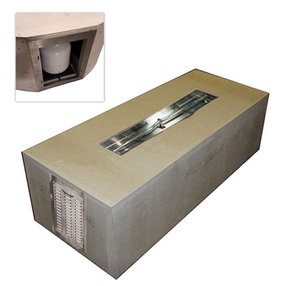 Rectangular unfinished gas fire pit enclosure with burner slot and vented front panel