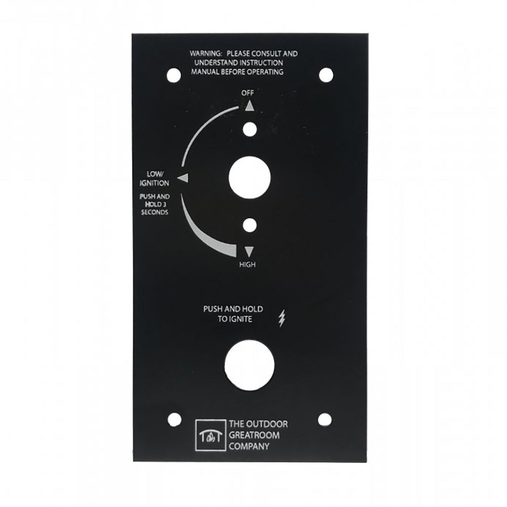 Black control panel with safety valve variable control dial and labeled push buttons