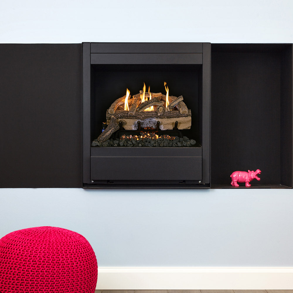 Vent free gas log set in a black firebox, flames and embers visible