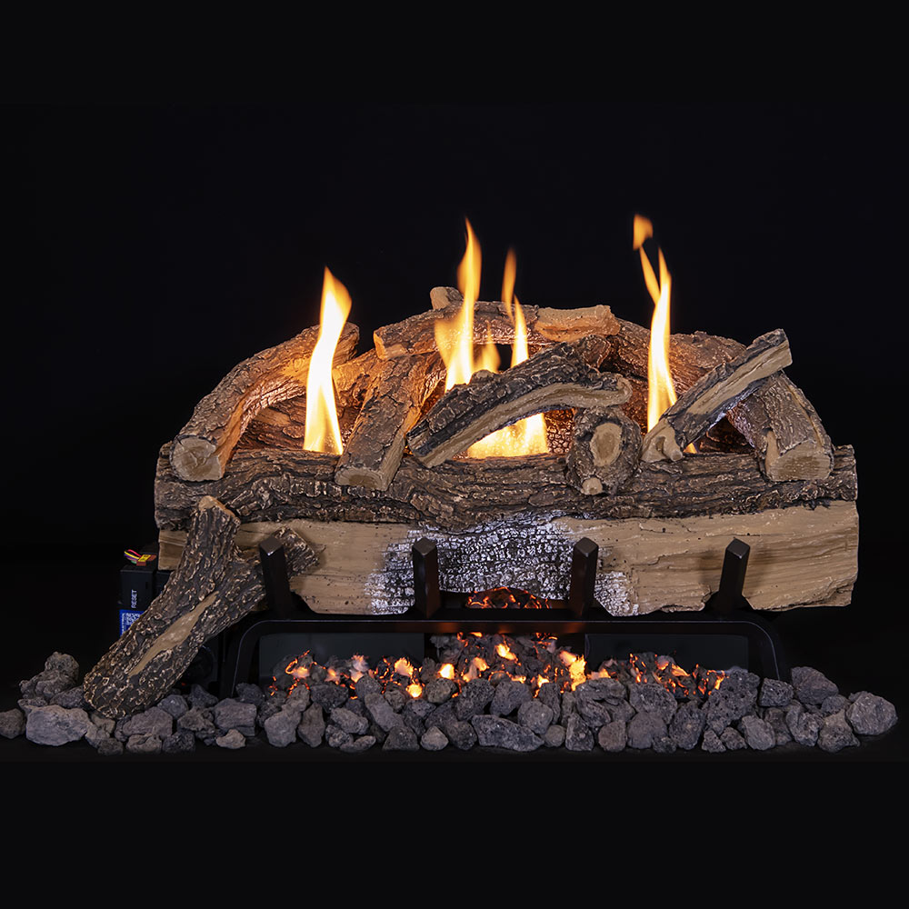 Vent free gas log set with split oak logs, glowing embers, and active flames
