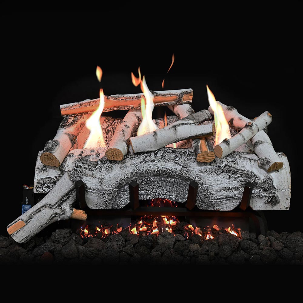 Vent free gas logs with orange flames on a gray log bed and glowing embers