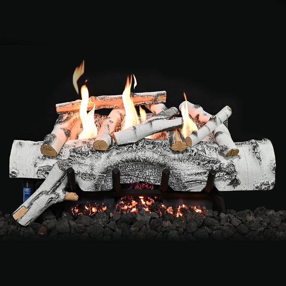 Vent free gas log set with glowing embers and flame over gray faux logs