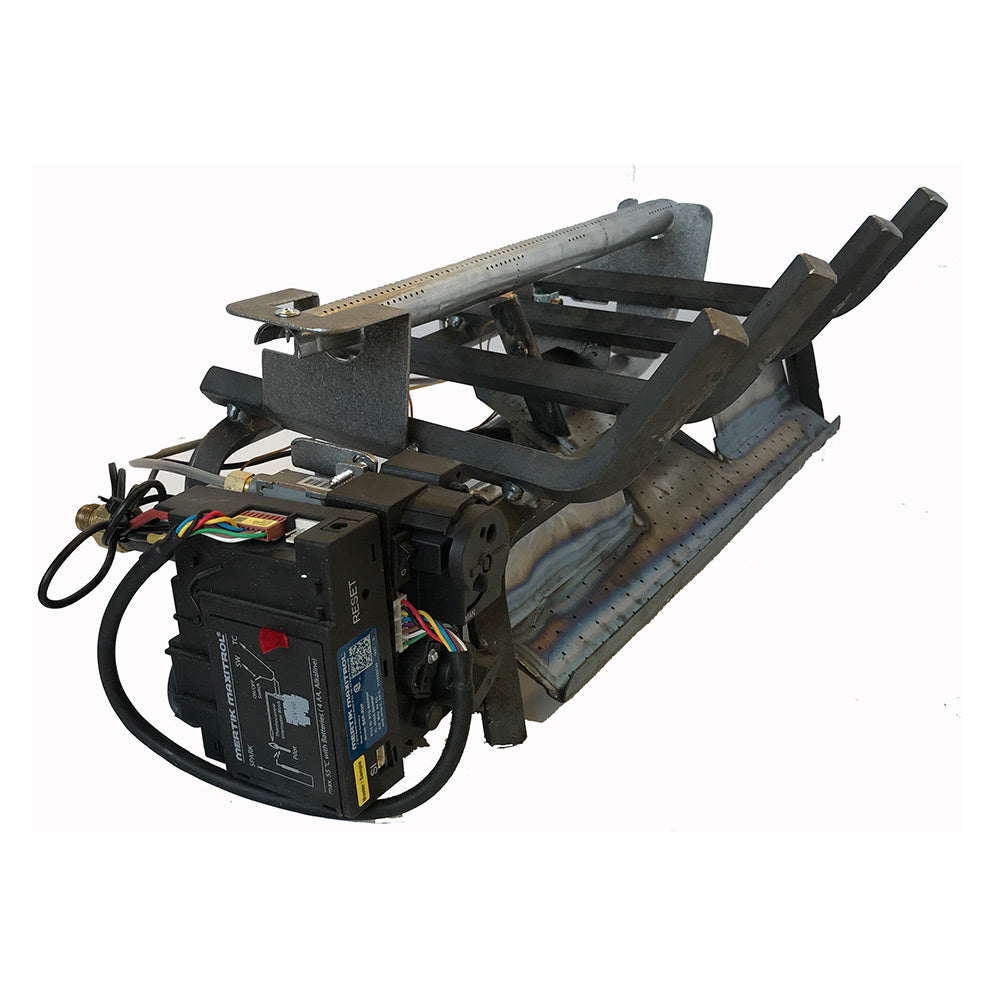 Gas burner system with electronic control box and metal vent-free burner frame