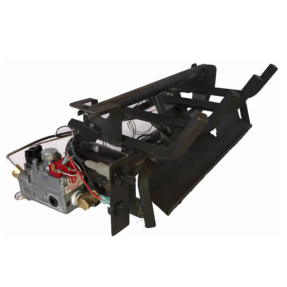 Vent free burner system assembly with black metal frame and gas valve components