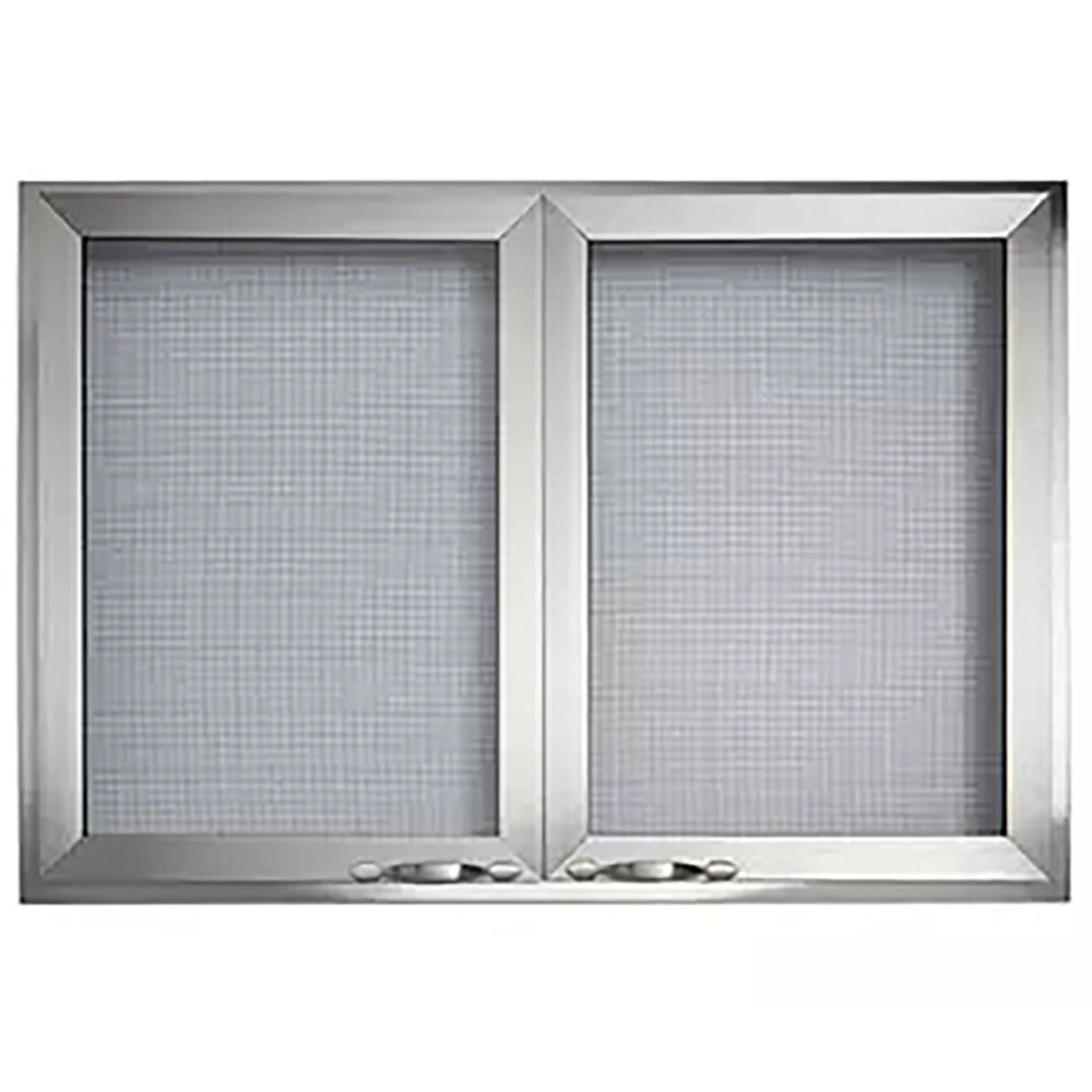 Stainless steel mesh cabinet doors with two framed panels, silver-tone finish