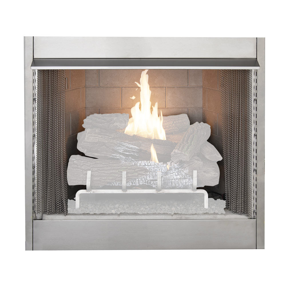 Vent-free outdoor firebox with burning flames and gray firebox surround