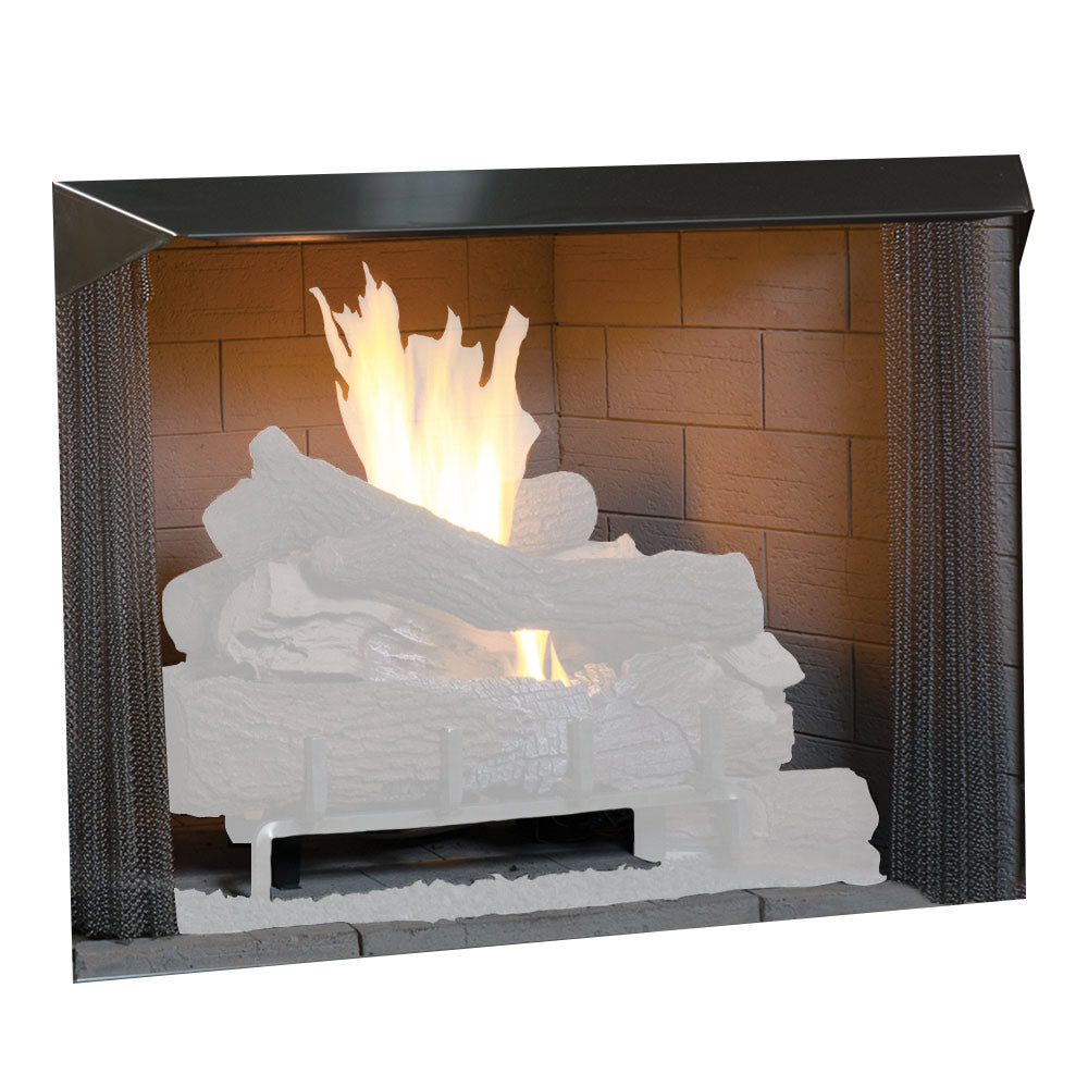 Vent-free outdoor firebox with black surround and glowing log fire inside.