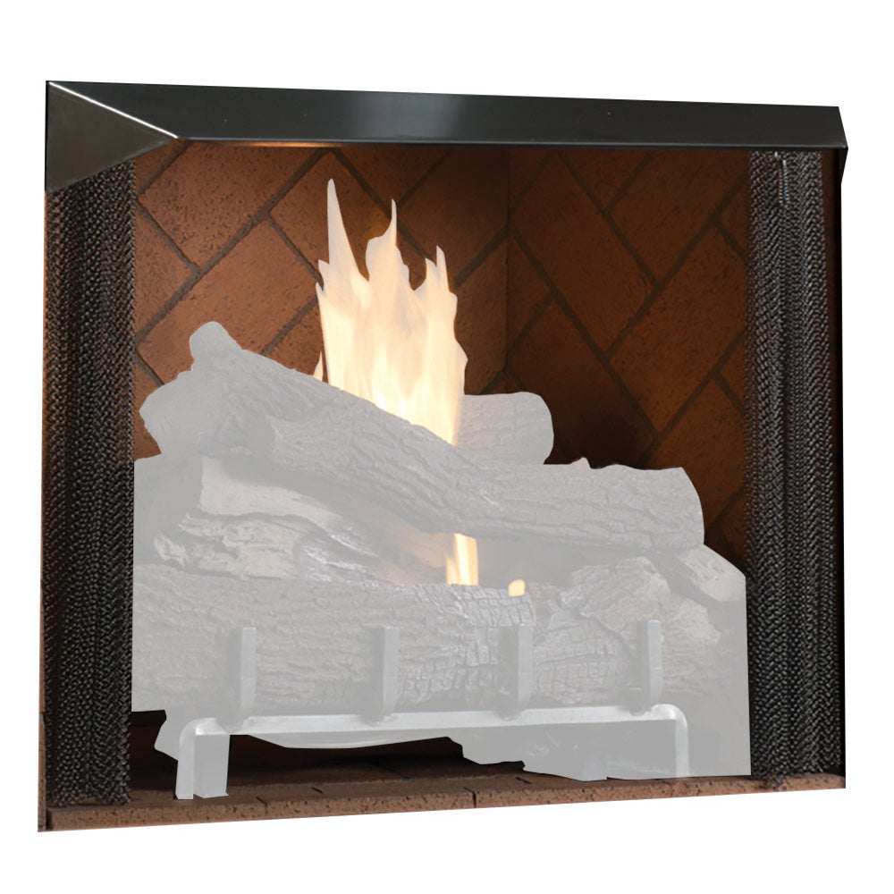 Vent-free outdoor gas firebox with dark mesh side panels and light mosaic firebrick lining