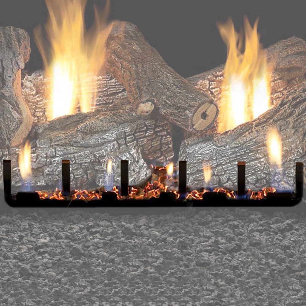 Vented slope glaze burner with millivolt valve, showing bright flames and embers