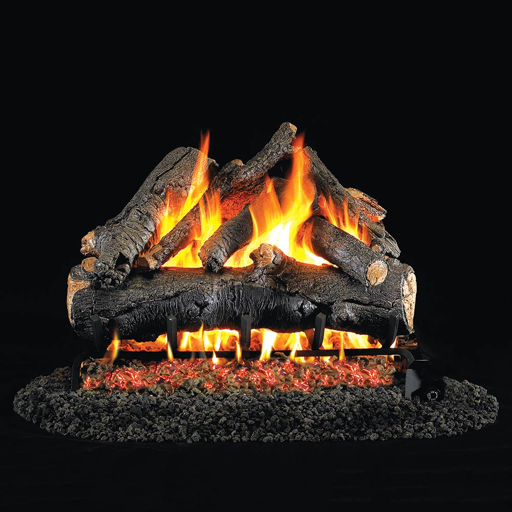 Vented gas fire logs with glowing embers and active flames