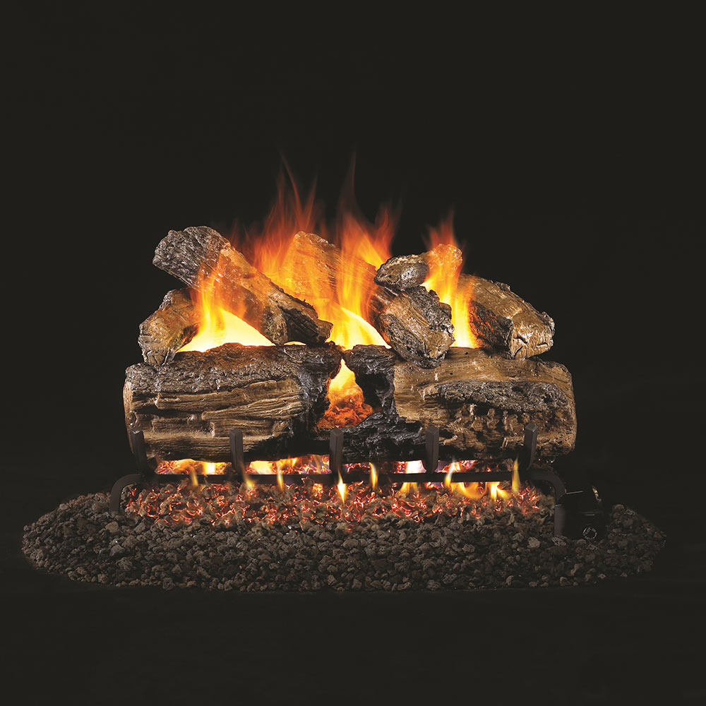 Vented gas log set with split oak logs and bright orange flames