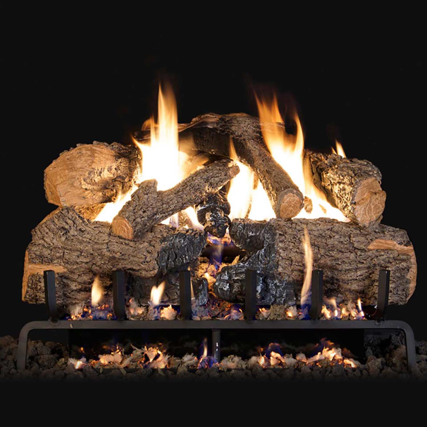 Charred vented gas logs with open flames, realistic wood pieces