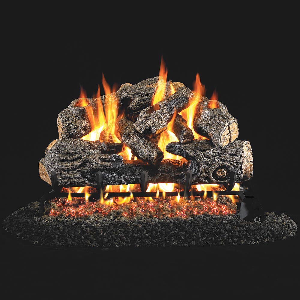 Charred vented gas log set with visible flames and glowing embers
