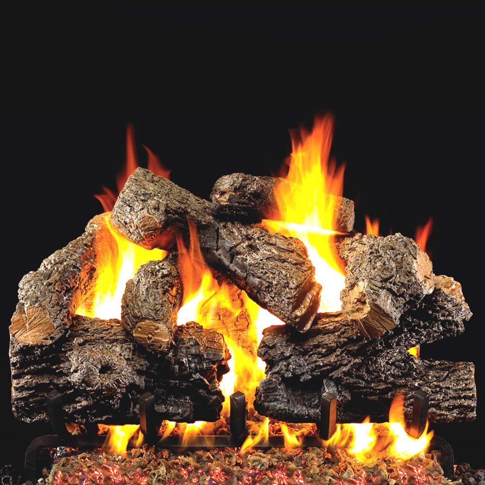Charred wood gas log set with bright flames and dark oak-style log pieces