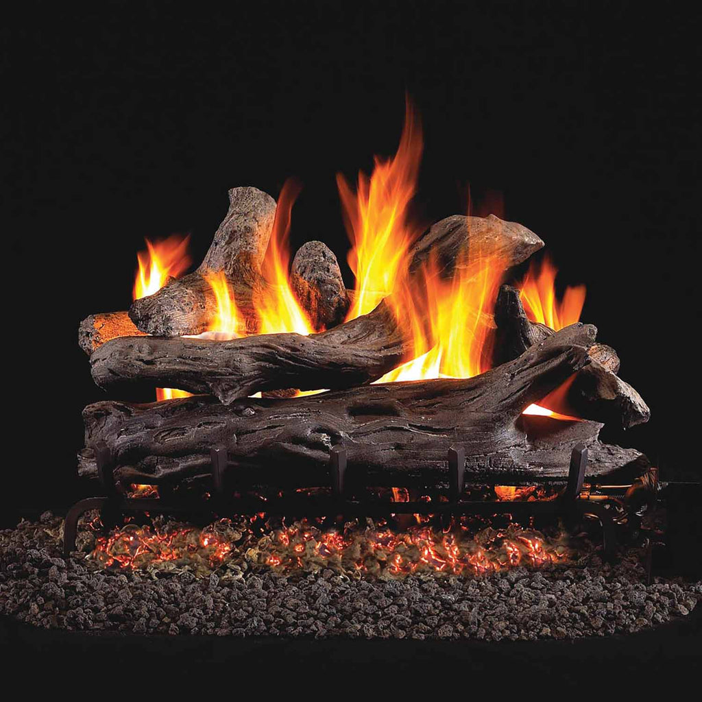 Real Fyre coastal driftwood vented gas logs with glowing flames and embers