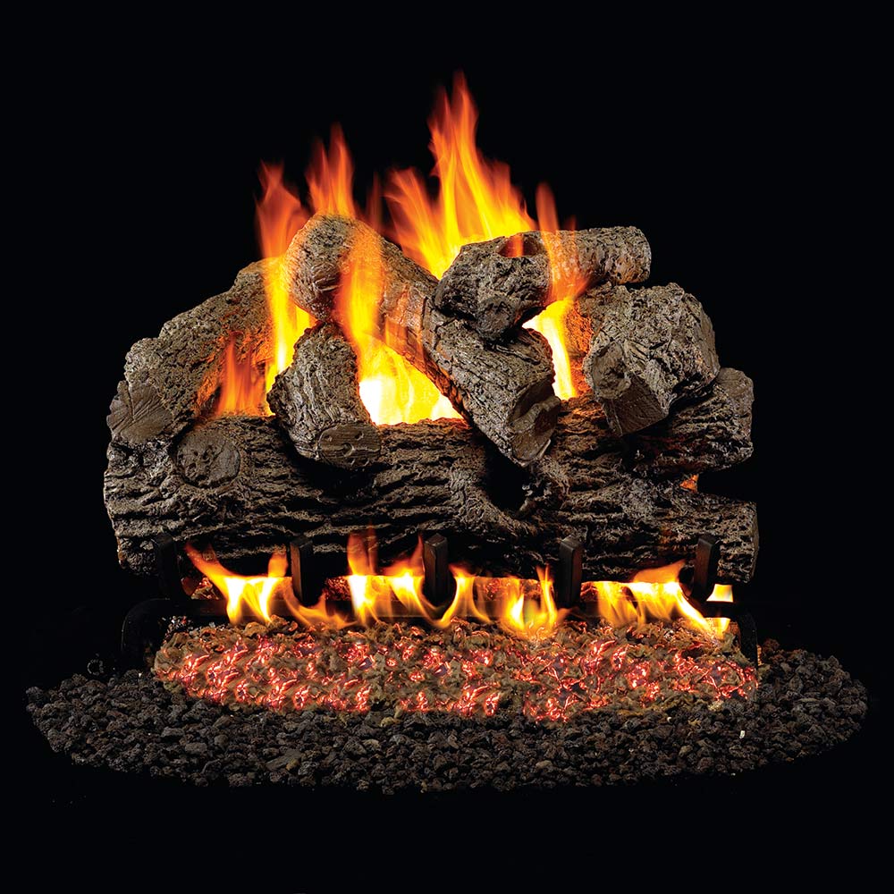 Vented gas log set with burning flames and stacked dark logs